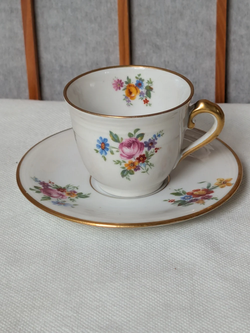 Antique Limoges France Teacup Saucer Set Flambeau GDA Dresden Floral Gold Gilt